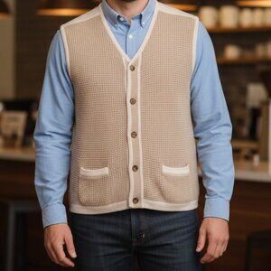 Vtg 90s Eddie Bauer XL Waffle Knit Grandpa Vest Linen Blend Oversized